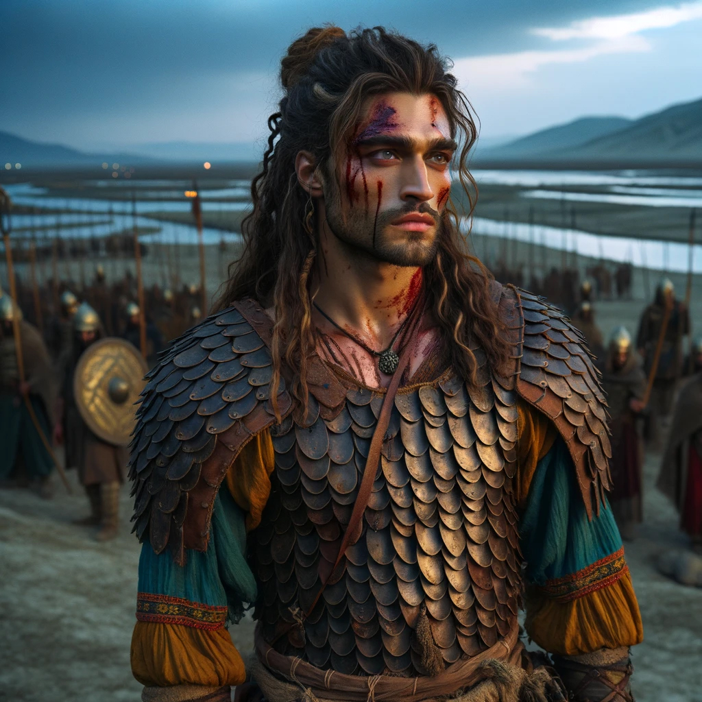 Long dark hair flows over Aram's shoulders as he stands in front of a river landscape with soldiers in the background. It is evening. His face and clothing are bloodied from battle, but he has an undaunted expression.