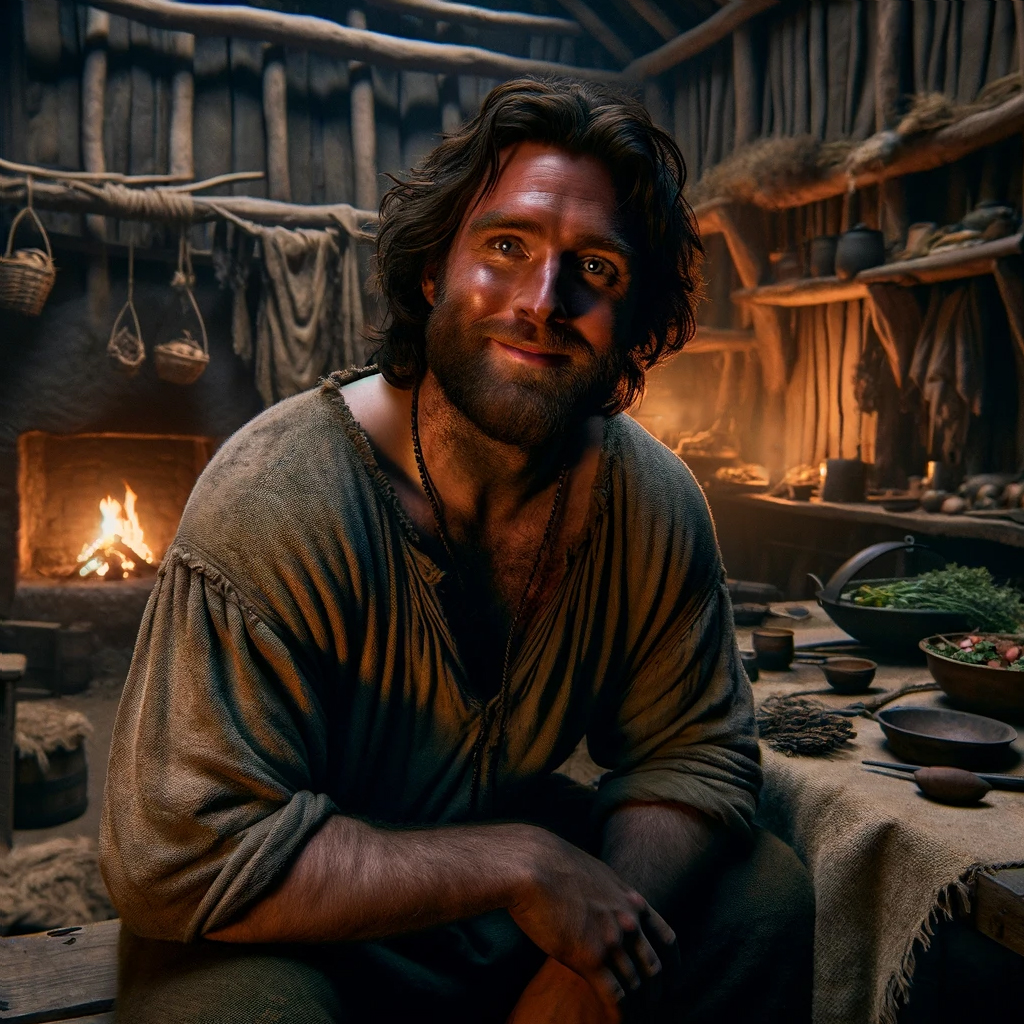 A bearded man with simple clothes, Bernulf sits in his cottage among his simple possessions. The room is dimly lit by light from his hearth.