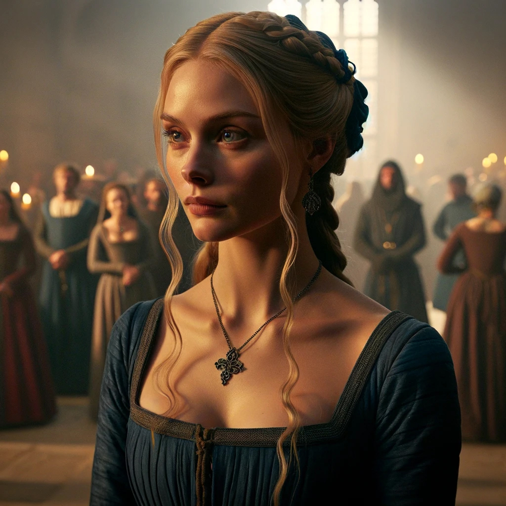 A blonde young woman in a blue dress, Calandre stands in a castle hall filled with visiting nobles.
