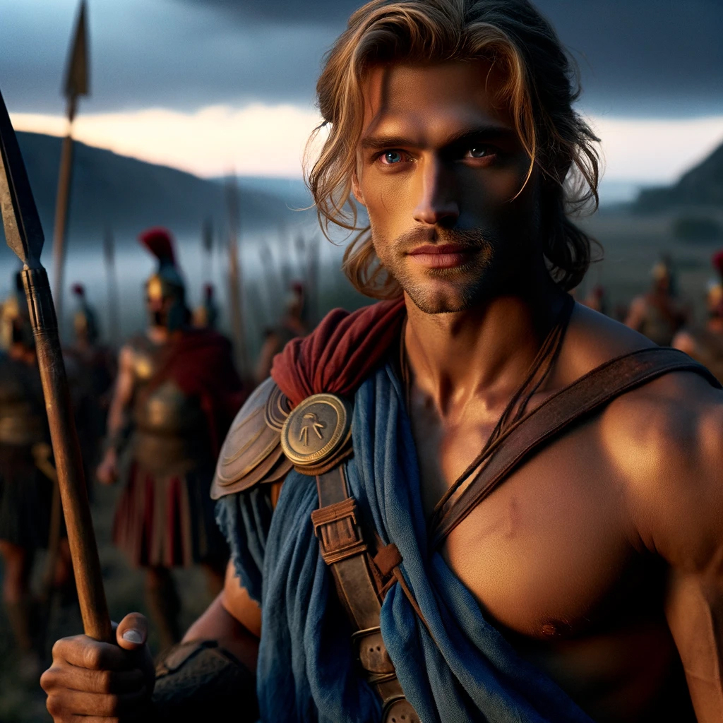 A blonde young man in warrior's garb, Diomedes holds a spear and stands in early morning light. He has a resolute expression. Other soldiers prepare for battle in the background.