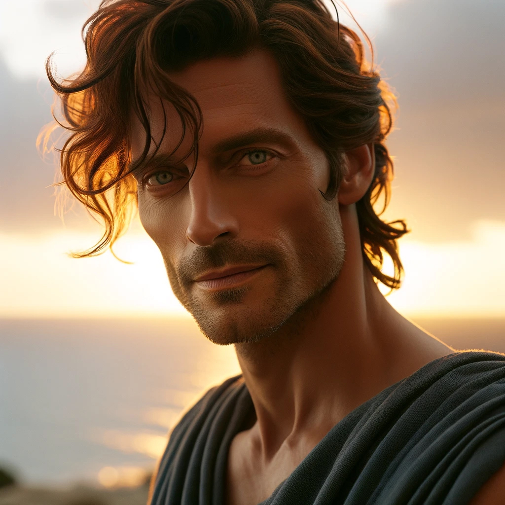 Backlit by the setting sun, Esre stands on a shore. He has an enigmatic expression on his angular face.