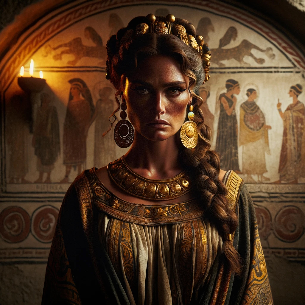 Queen Fastia stands in an Etruscan chamber decorates with fine wall paintings. She wears expensive clothing and large, gold jewelry.