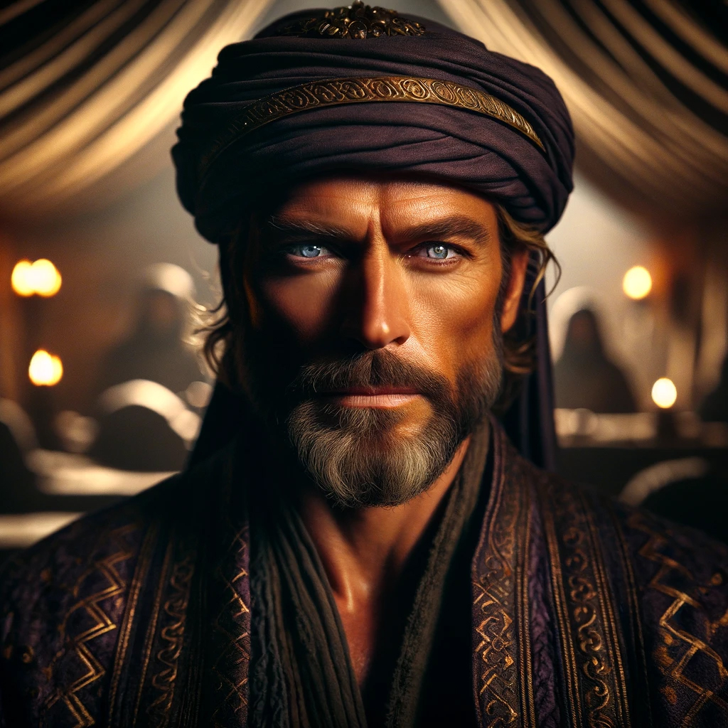 Hadad, a Phoenician man with penetrating blue eyes and a beard, is seated in a sumptuous Persian tent.