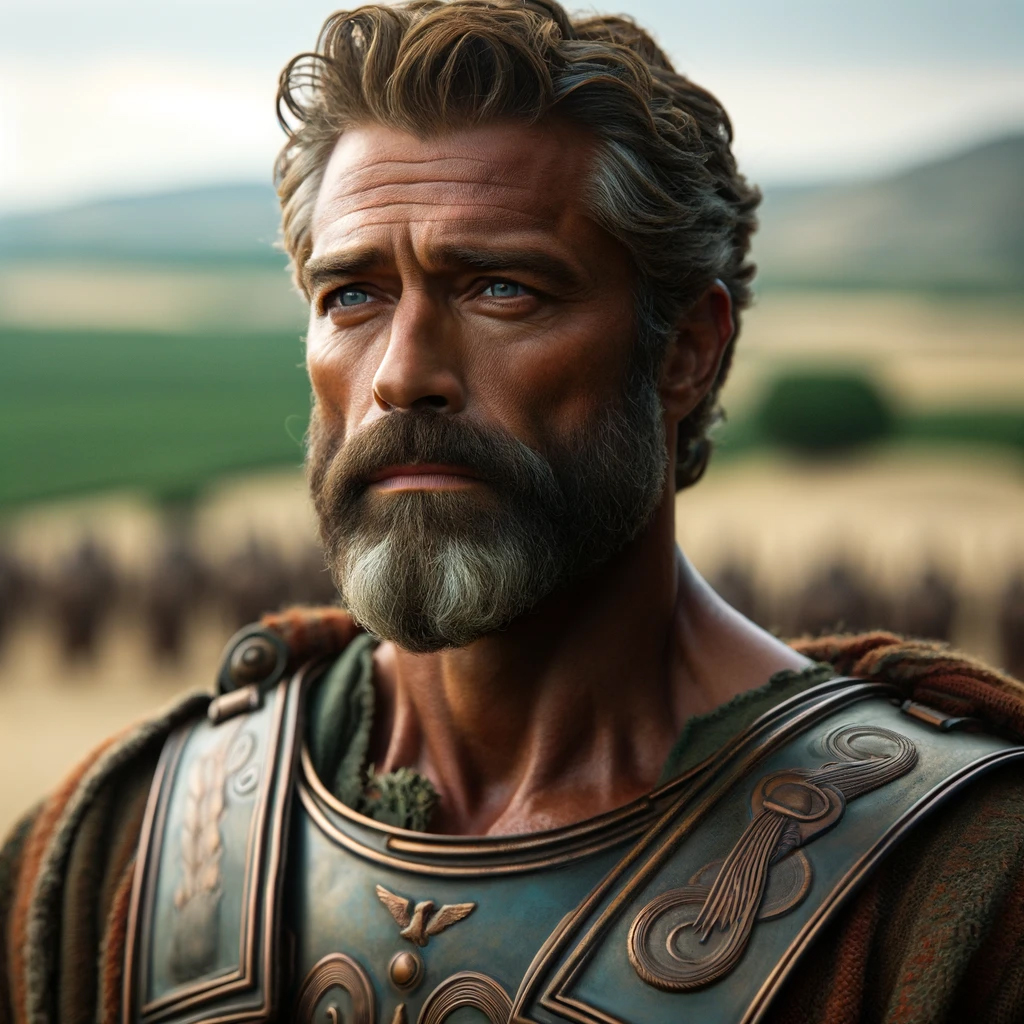 Kalliphoros stands in sharp focus while the landscape and his army are blurred in the background. He is bearded and dressed in armor.