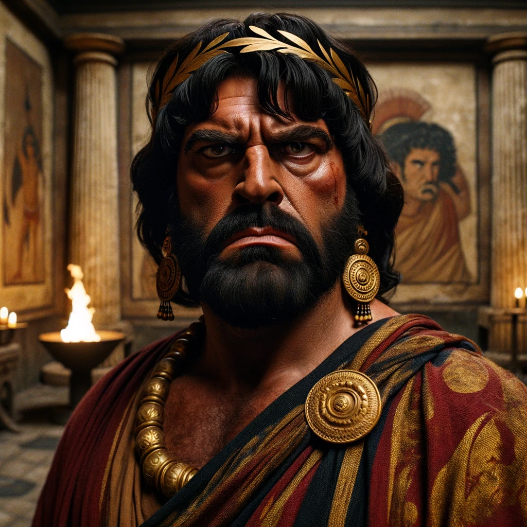 Wearing expensive clothing and jewelry, King Laran stands in his richly decorated Etruscan chamber and scowls at the viewer. He has black hair and a black beard. One of his cheeks is smeared with blood.