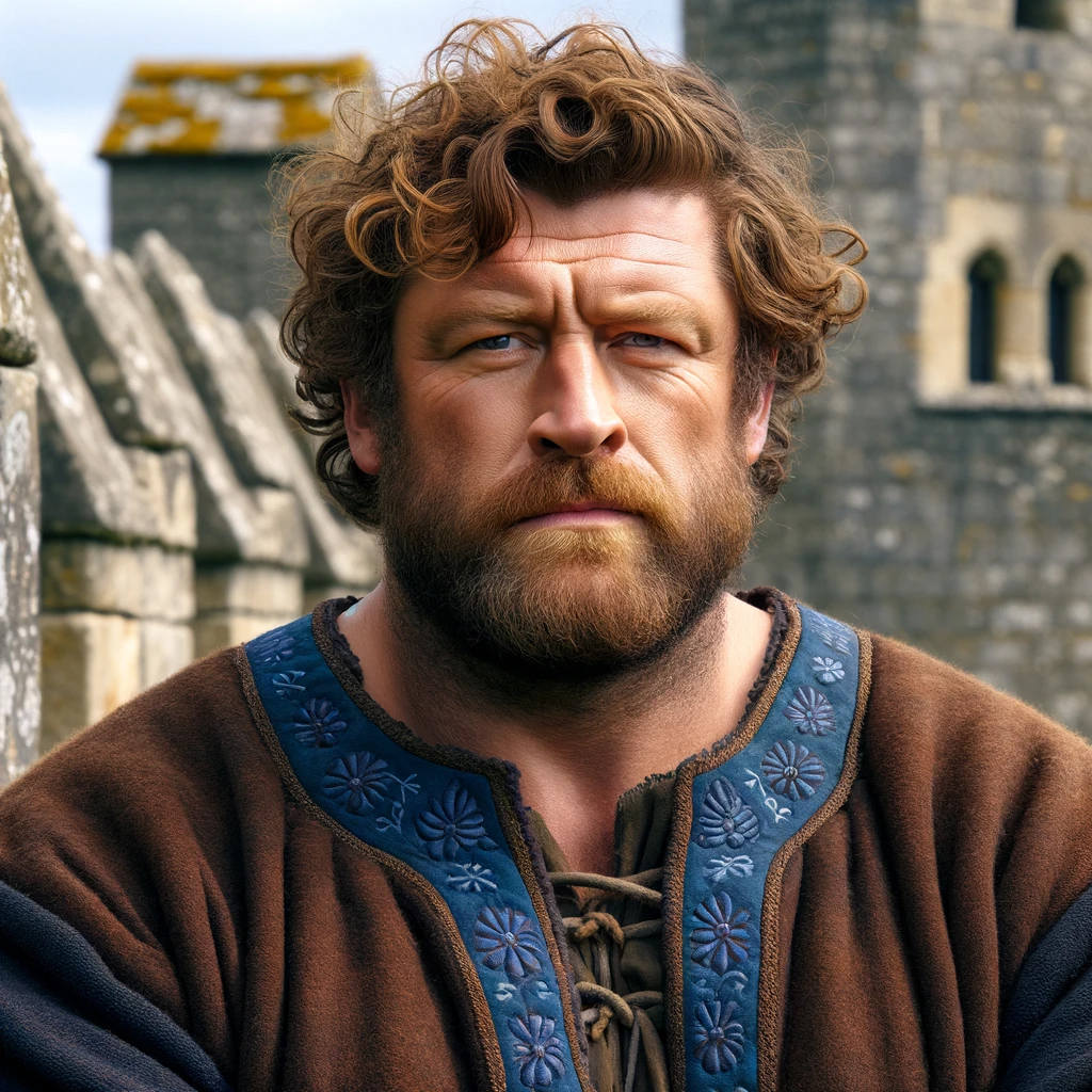 Mallory, a burly, bearded man with curly hair, stands behind the parapet a castle wall.