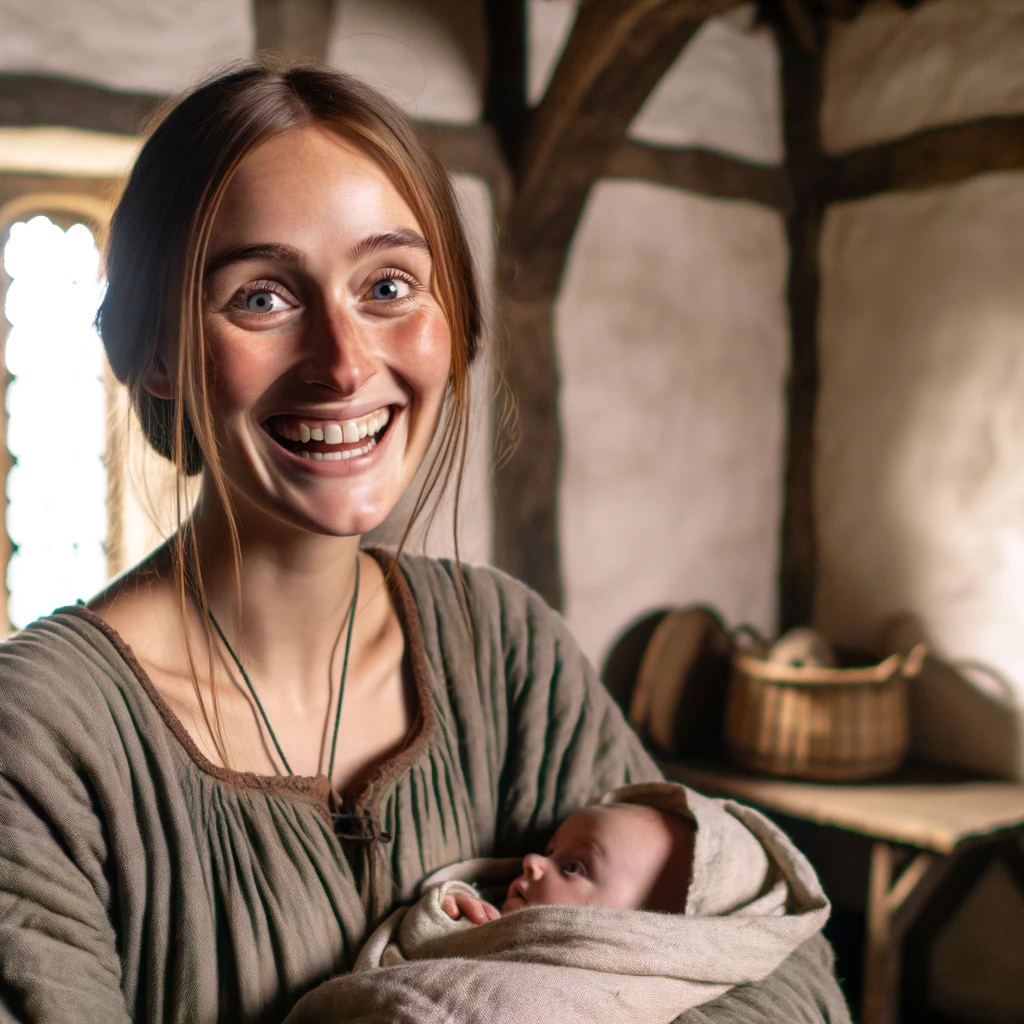 Smiling,Meg stands in a cottage and holds her baby.