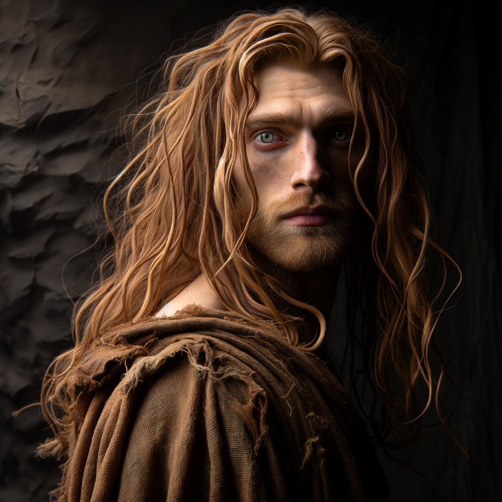 Prasto, a man with long, messy reddish hair stands in front of a dimly lit cave wall. He wears a tattered tunic.