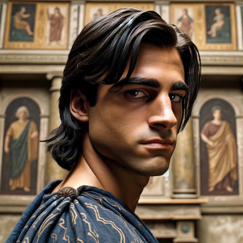 Sethre turns to the viewer with a condescending stare. He is a teenager with dark hair and eyes. He stands in an Etruscan chamber with frescoes on its walls.
