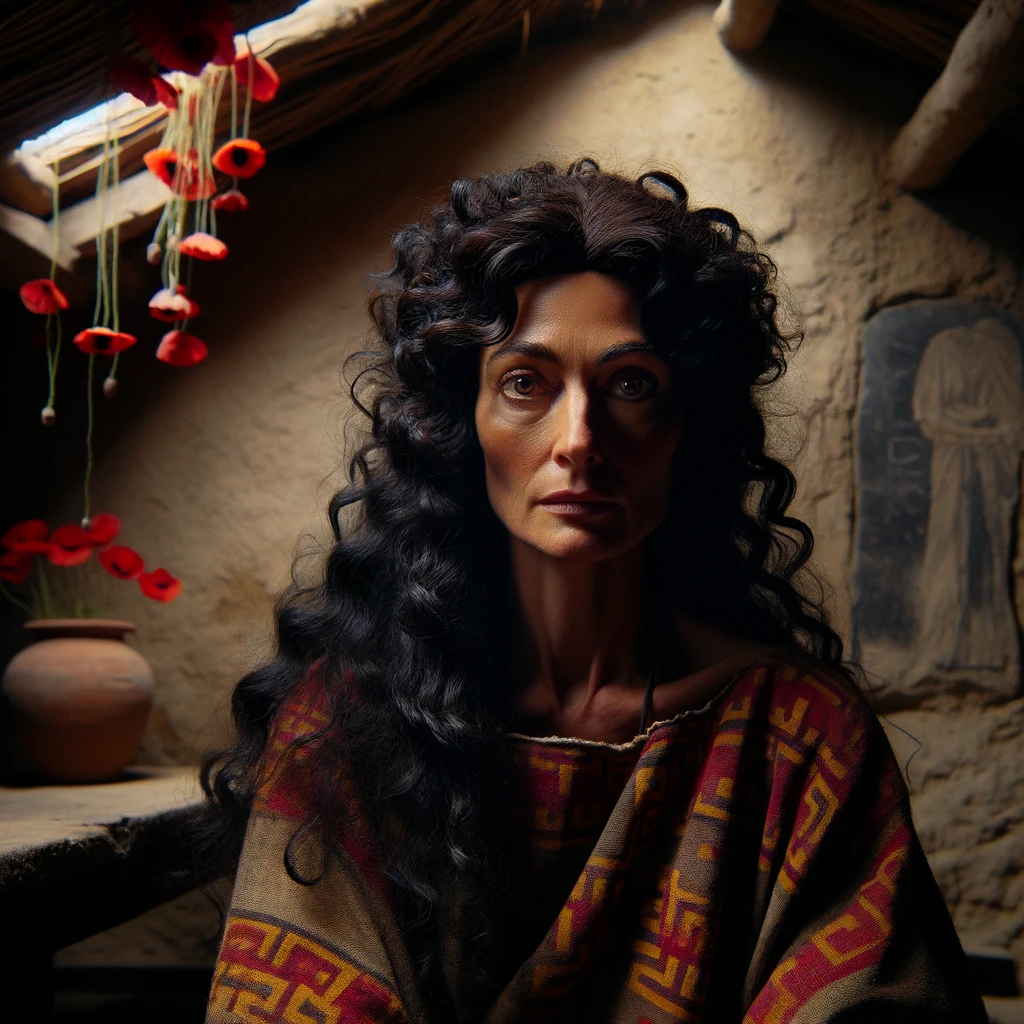 Ucresia, an Etruscan woman with long black hair sits in a dimly lit hut. Poppies tied to the rafters hang down in a single stream of sunlight.