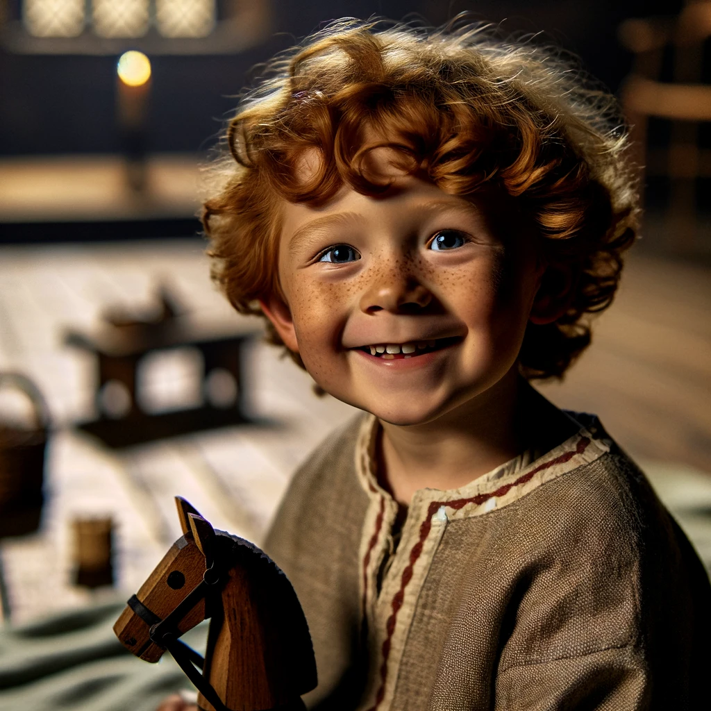 A little boy with curly red hair, William smiles as he plays with a wooden horse.